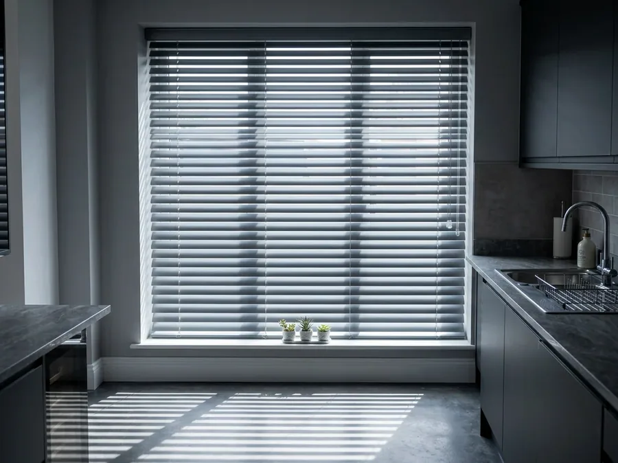 Aluminium venetian blind across a kitchen window, horizontal slats tilted so daylight lands in bars on the floor