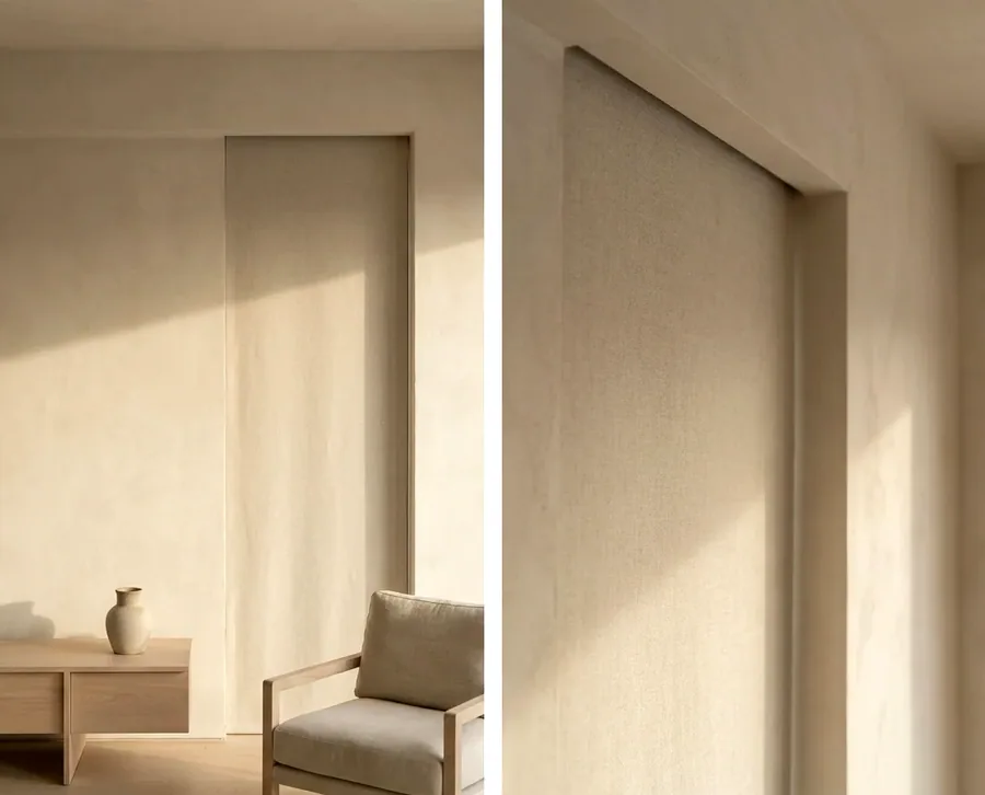 Concealed blind dropping from a slim ceiling recess, with no visible headbox above the fabric