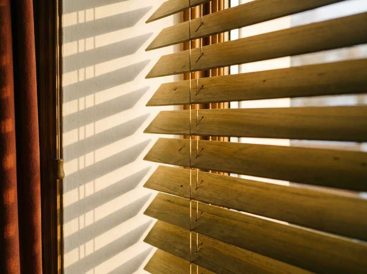 Close-up of timber venetian slats and their ladder tapes, tilted so the late sun throws bars of light across the wall