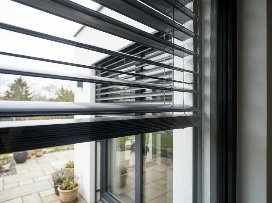 External venetian blind fitted outside the glass of a sliding door, wide aluminium slats intercepting the sun before it reaches the window
