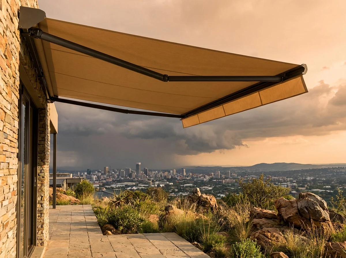 A folding-arm awning extended over a paved deck on a Johannesburg ridge home, the city skyline below and a highveld thunderstorm building behind the ridge