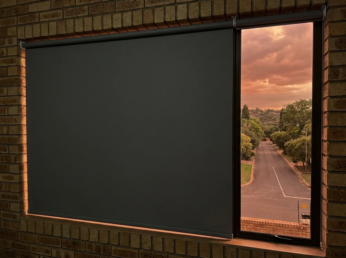 Bedroom window in a renovated face-brick ridge-top home with a blockout roller blind drawn against the setting sun, a steep tree-lined Northcliff street visible through a side gap