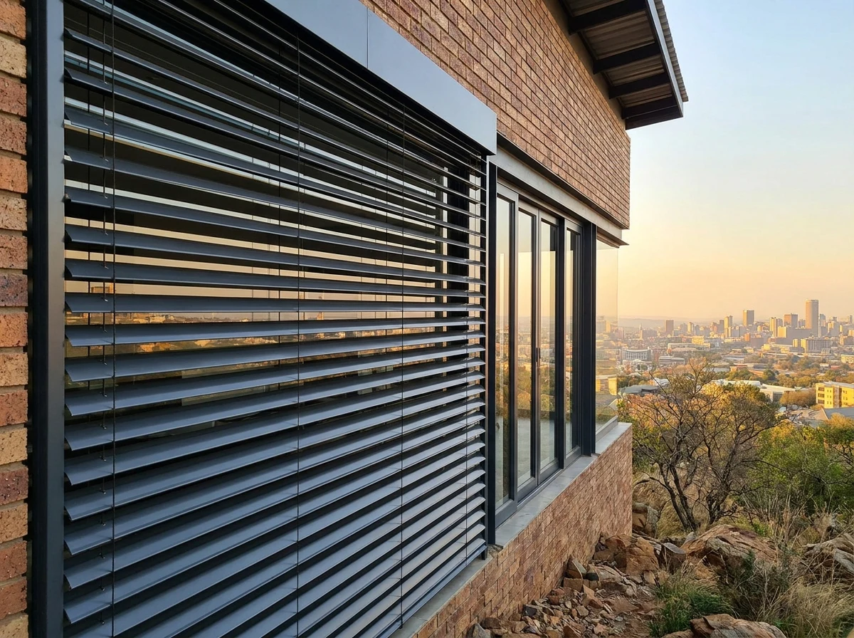 An external venetian blind mounted outside a wide sliding door on a Johannesburg ridge home, horizontal aluminium slats tilted against the afternoon sun with the city skyline visible below