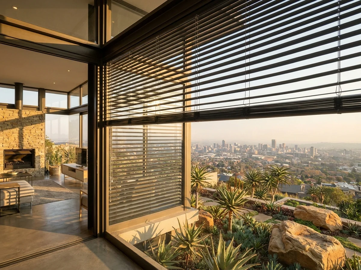 Full-height living-room window on a Johannesburg ridge home, aluminium venetian blinds tilted to filter hard afternoon sun while the city skyline stays visible beyond the glass