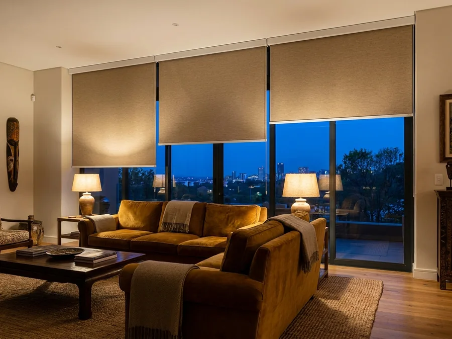 Three motorised roller blinds paused at different heights across a Northcliff living-room window wall as evening settles over the ridge