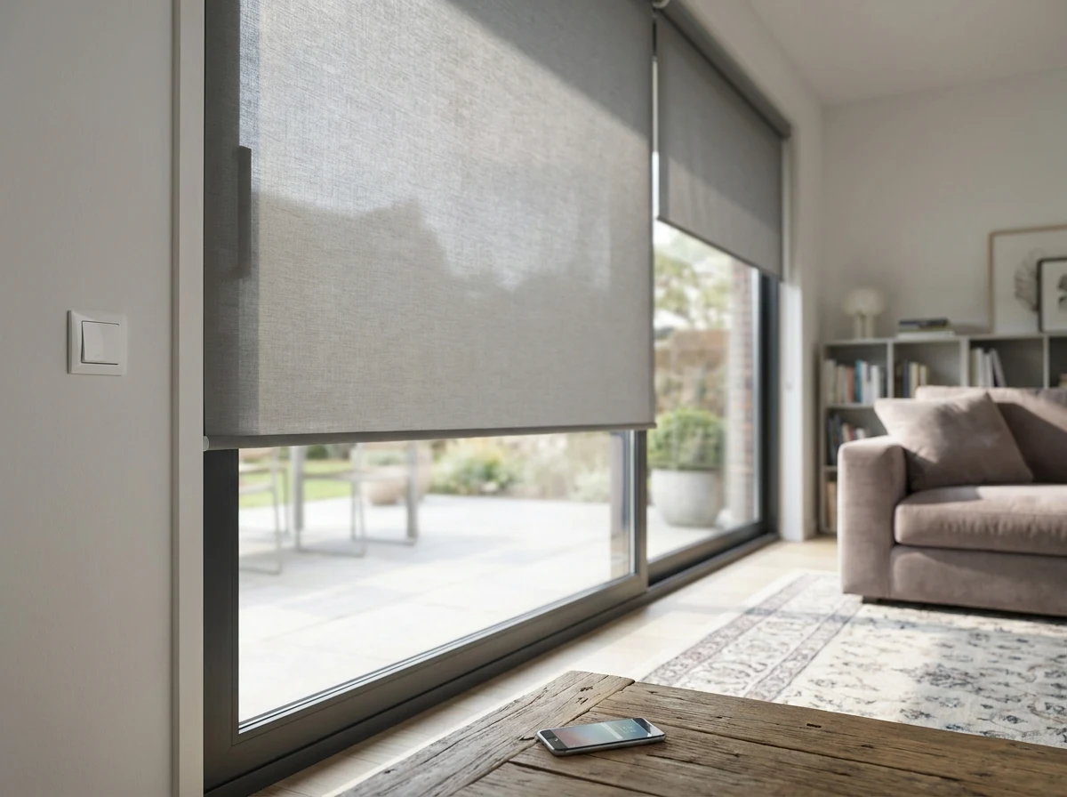 Motorised roller blind lowered across a wide living-room window, wall-mounted control switch beside the frame and a smartphone resting on the coffee table