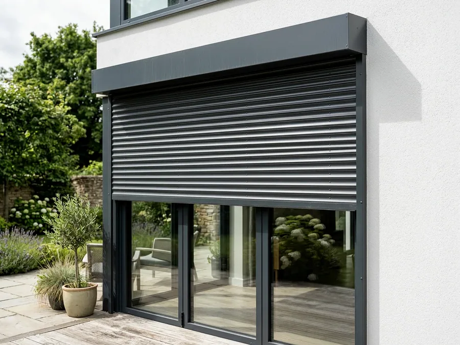 Roller shutter of rigid aluminium slats rolled part-way down outside a sliding door, from a headbox above the opening