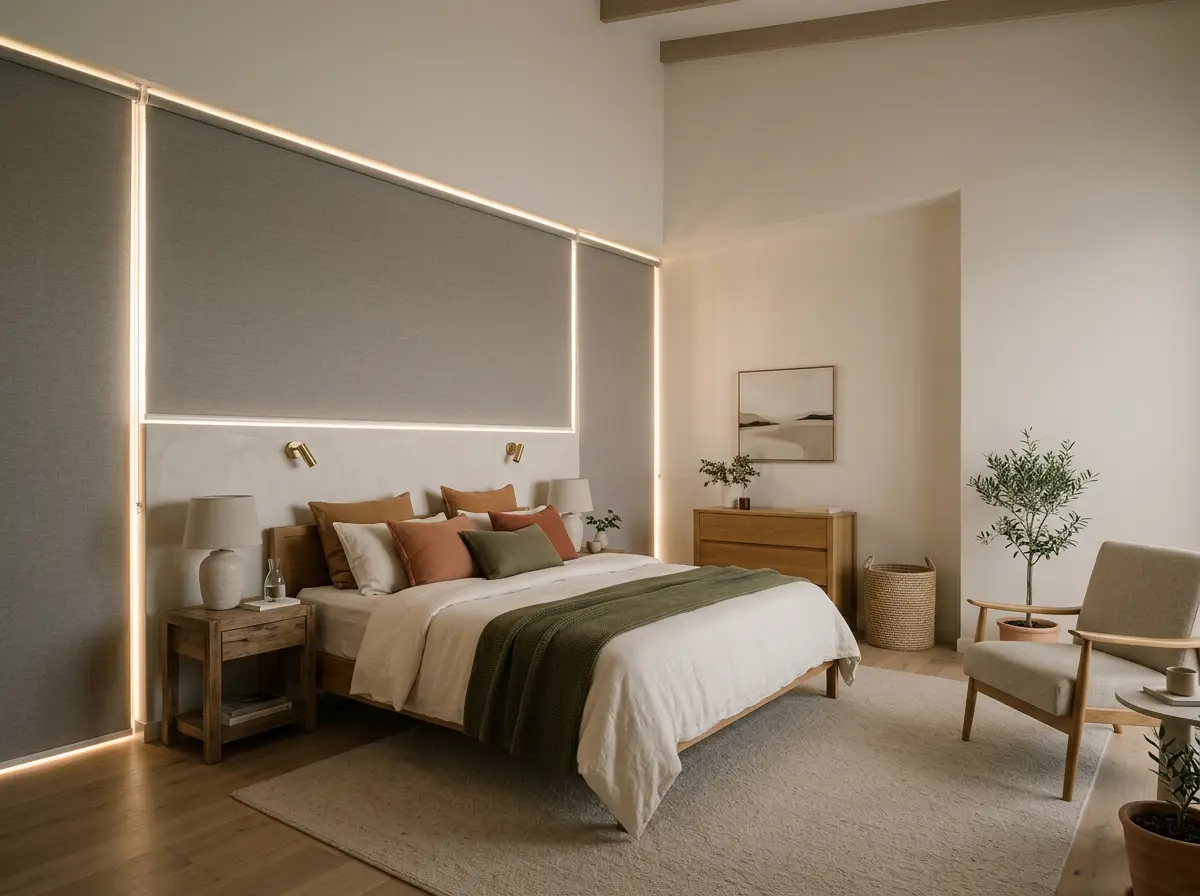 Bedroom on the view side of a Northcliff home with a wide blockout roller blind fully lowered, daylight showing only around its edges