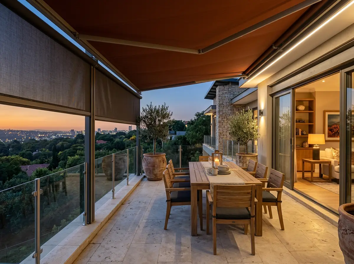 Northcliff terrace at dusk under an extended folding-arm awning, with a zip screen lowered on the exposed side and the Johannesburg skyline beyond