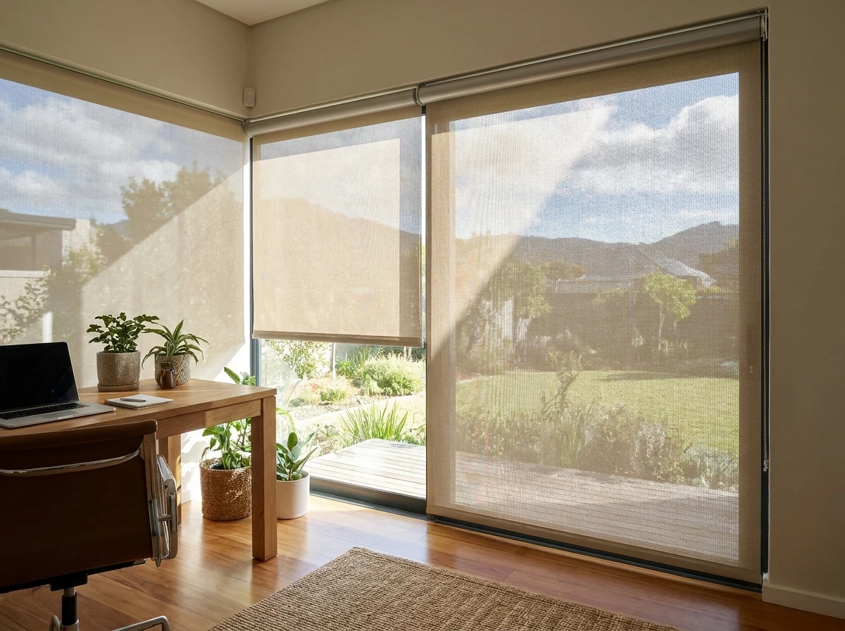 Sunscreen roller blind lowered halfway over a home-office window, open-weave mesh softening bright daylight onto the desk