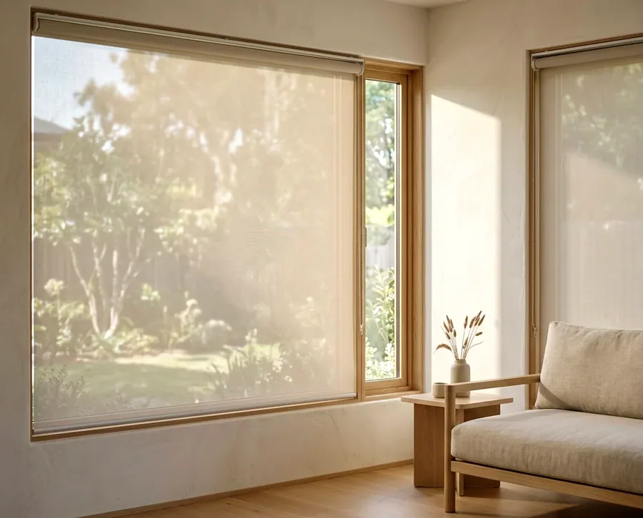 Sunscreen roller blind lowered over a garden-facing window — one smooth flat panel of open-weave fabric on a tube, with no folds and no slats