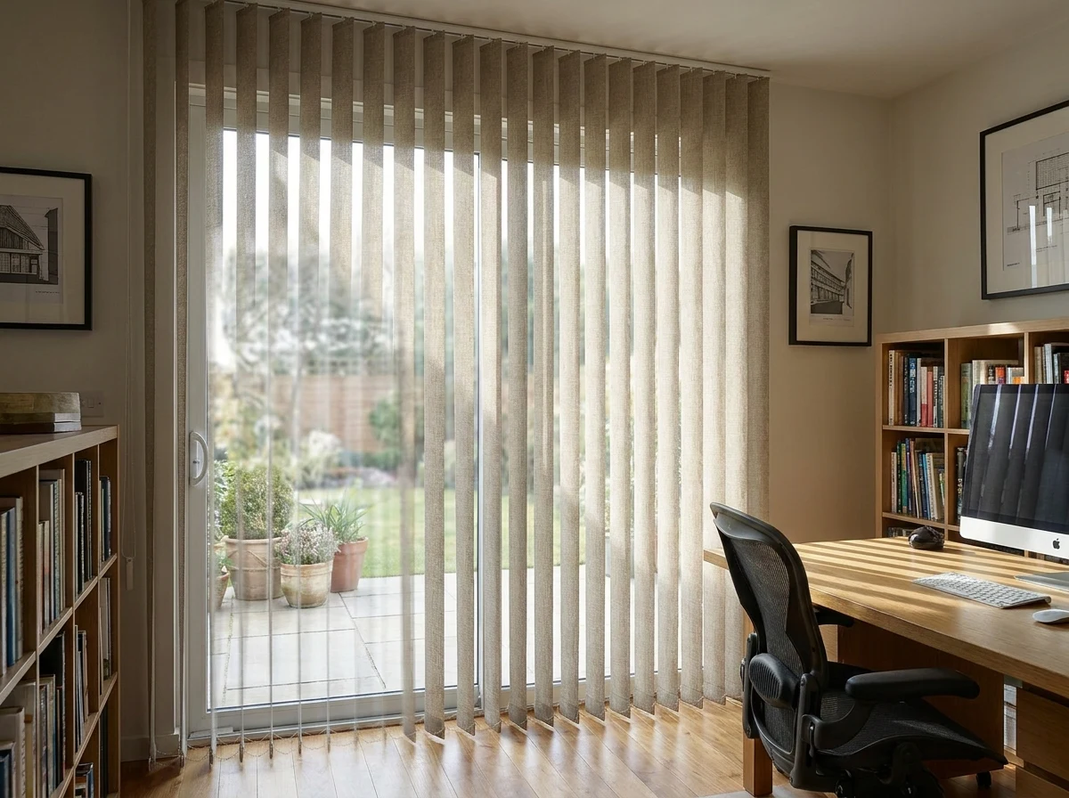 Vertical blind vanes hanging the full height of a sliding glass door in a home office, angled to filter midday sun