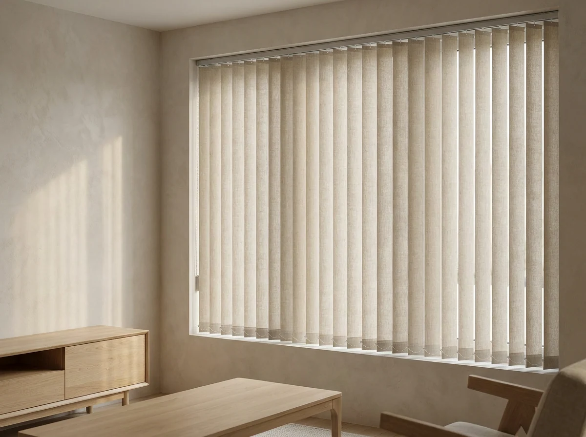 Vertical blind vanes hanging the full width of a living-room window, angled to filter the afternoon light