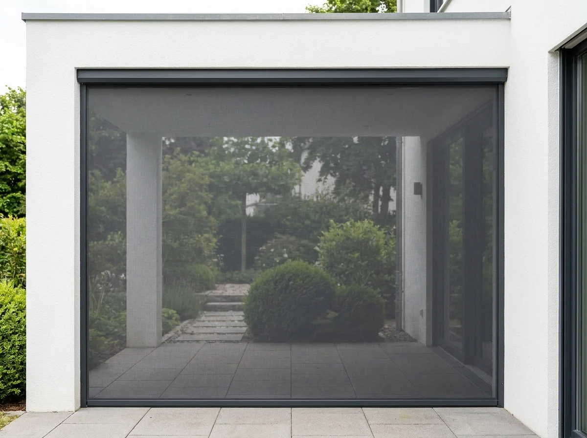 Zip screen dropped down the open side of a patio, taut mesh running in side channels with the garden still visible through it